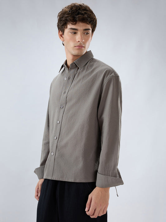 Ash Grey Micro Checked Weave Boxy Fit Crop Shirt