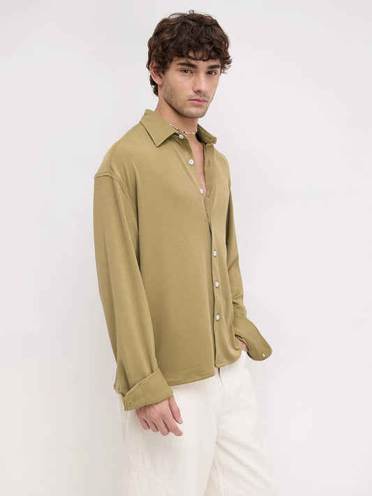 Luxe Khaki Fine Textured Knitted Boxy Fit Crop Shirt