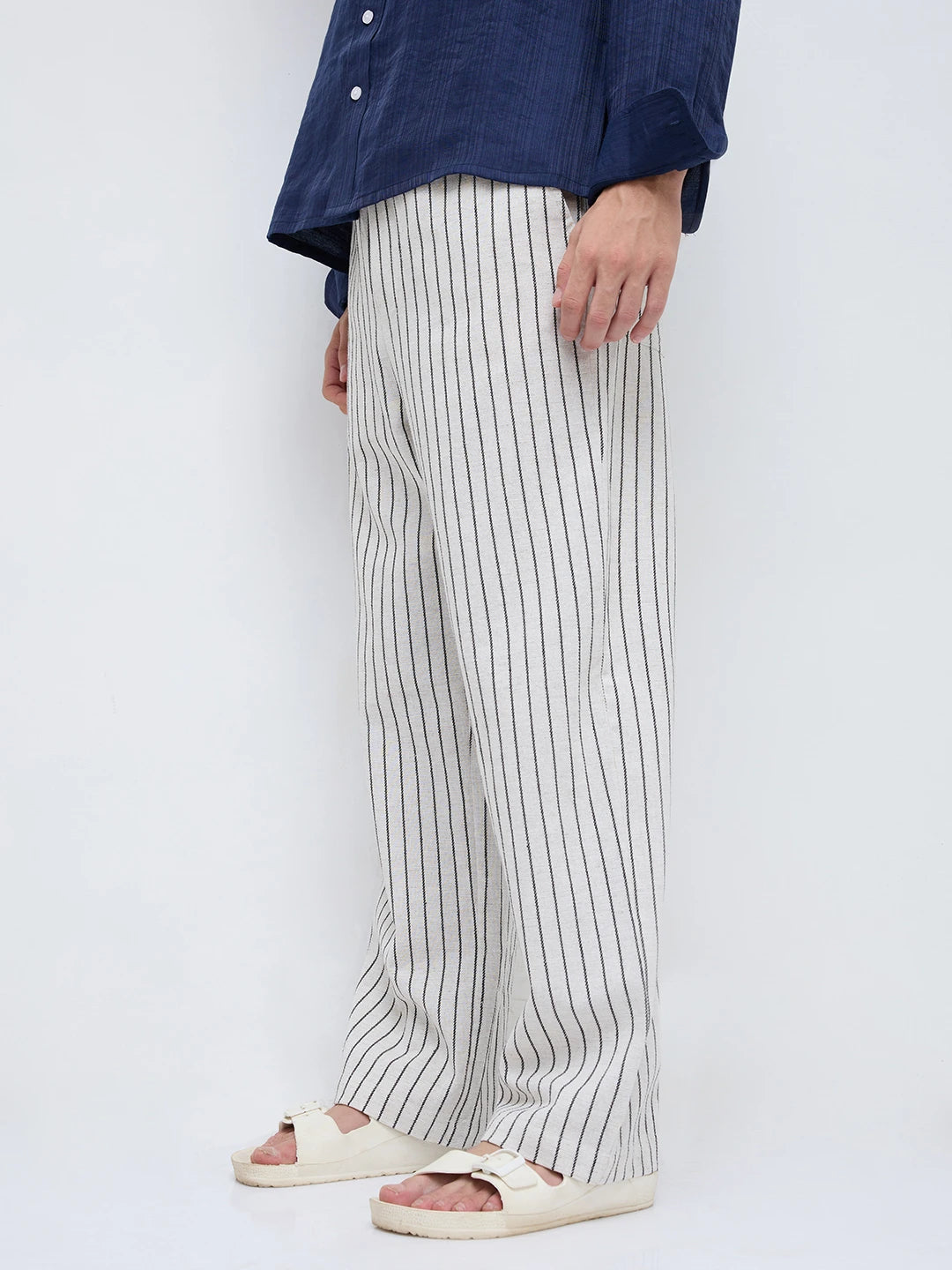 Artistic Ivory & Black Burlap Striped Straight Fit Trousers