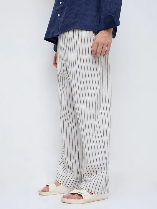 Artistic Ivory & Black Burlap Striped Straight Fit Trousers