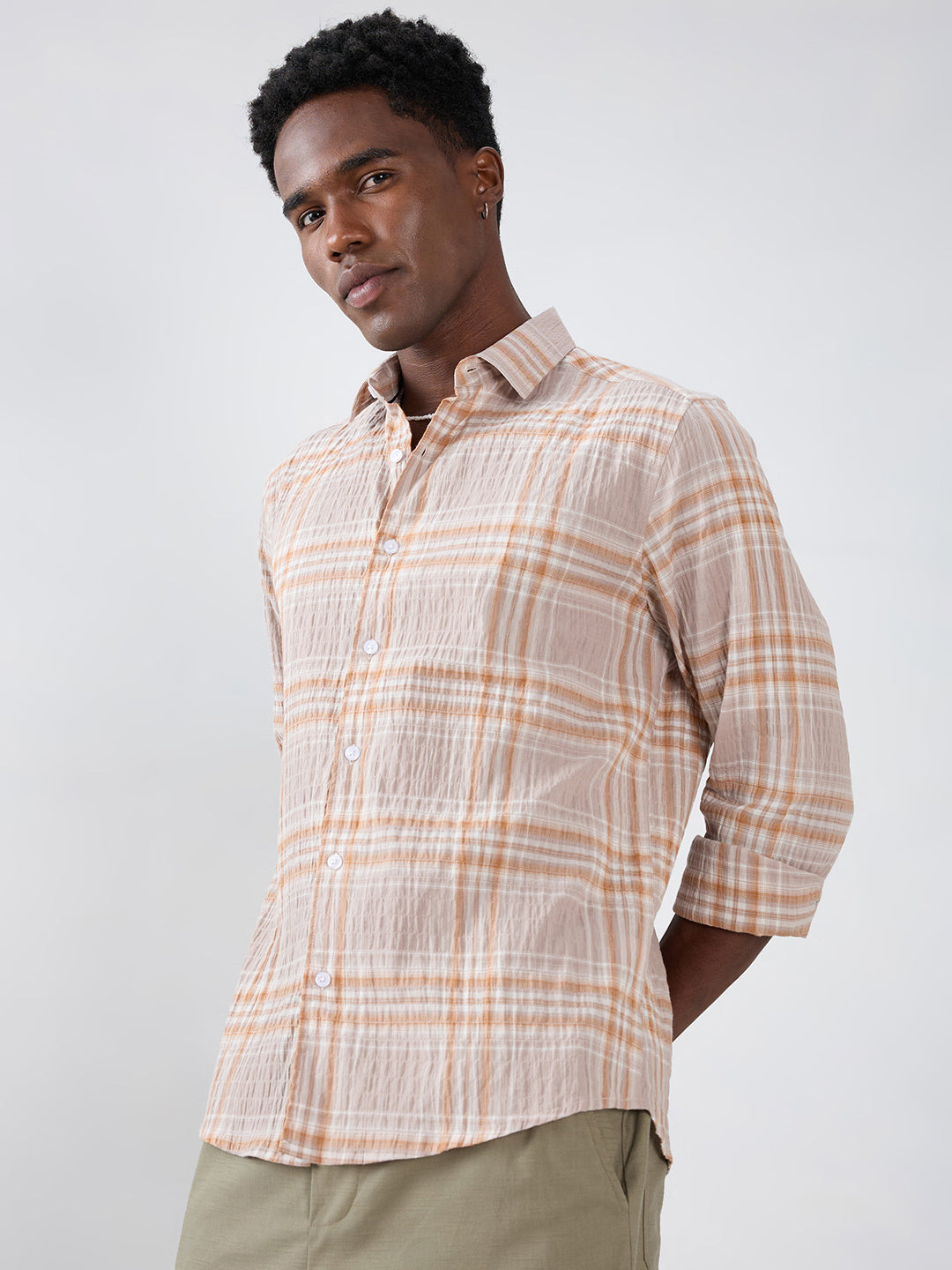 Grey & Rust Plaid Checks Crinkled Shirt