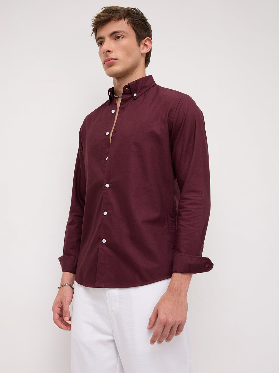 Elegant Wine Oxford Button-Down Collar Business Shirt