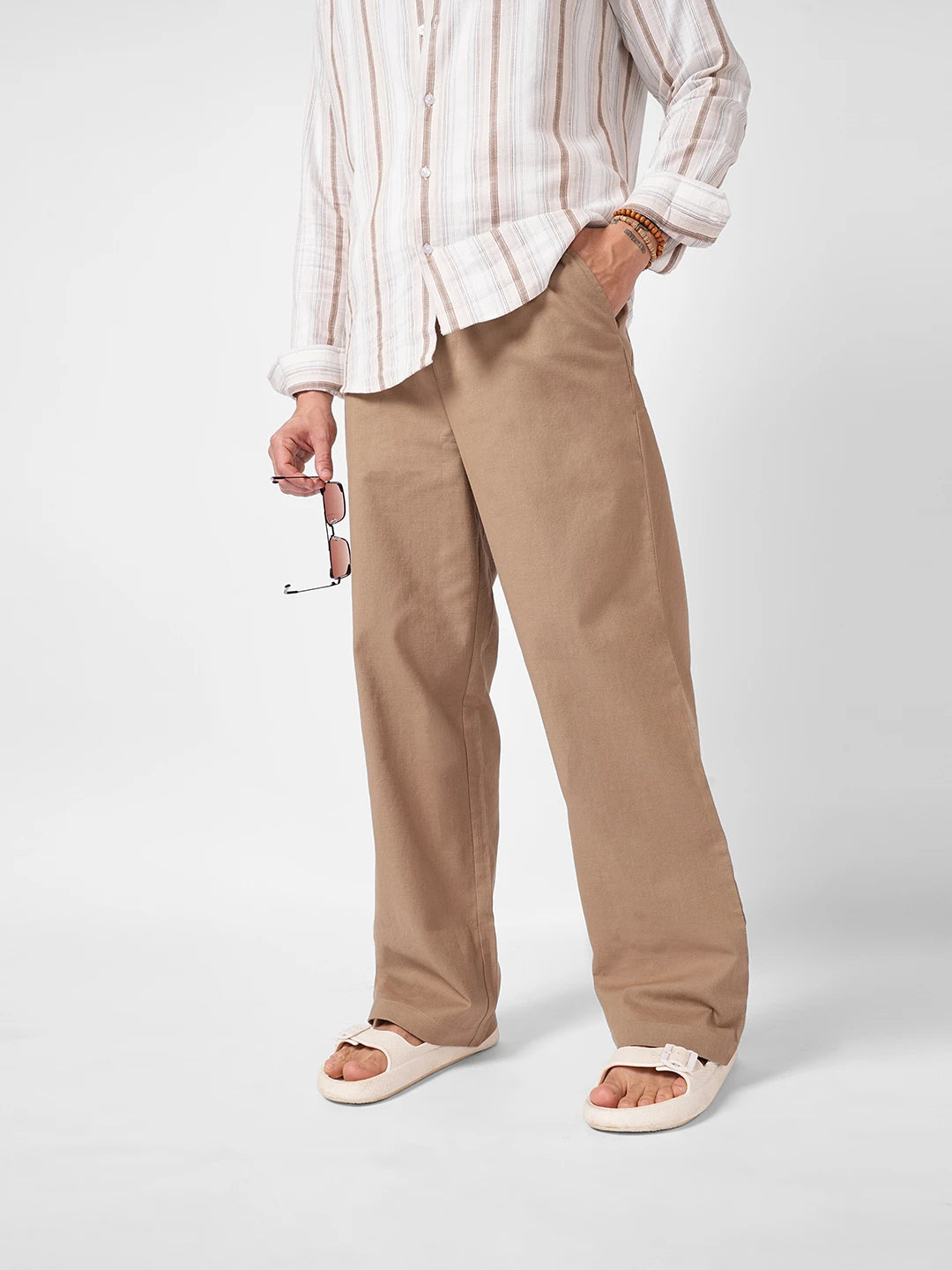 Elite Khaki Slub Weave Straight Fit Trousers