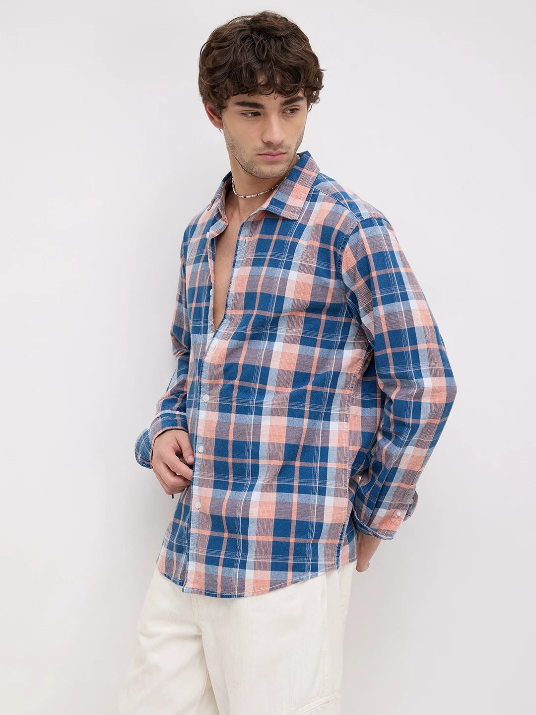 Denim Blue & Pink Multi Line Block Checks Shirt