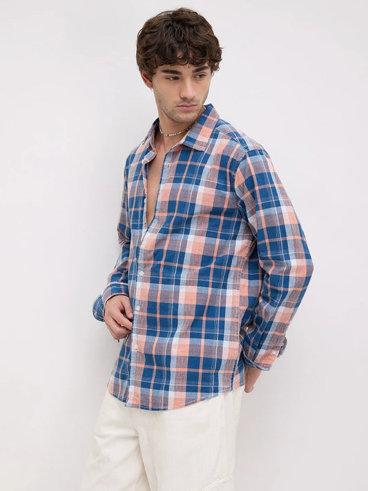 Denim Blue & Pink Multi Line Block Checks Shirt