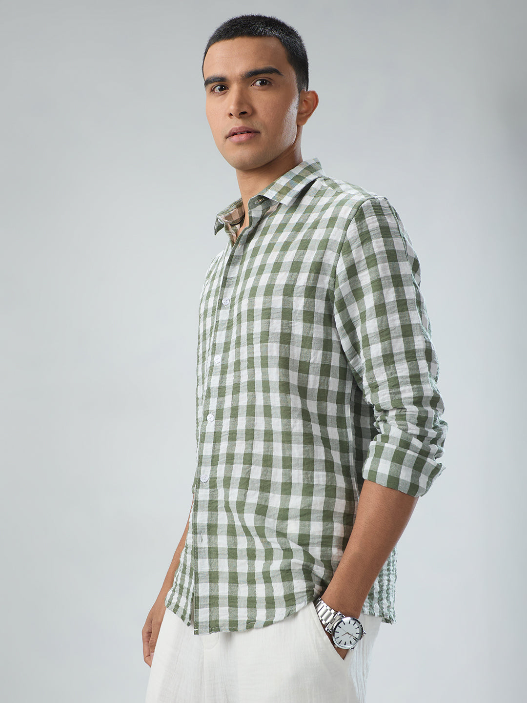 Plush Forest Green & White Gingham Checks Crinkled Shirt