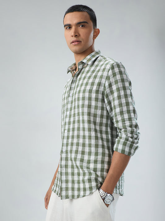 Plush Forest Green & White Gingham Checks Crinkled Shirt
