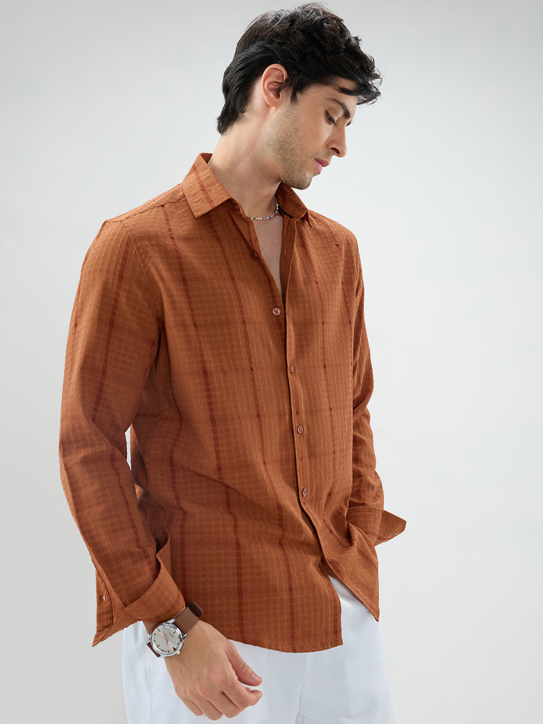 Rust Micro Checks Textured Shirt