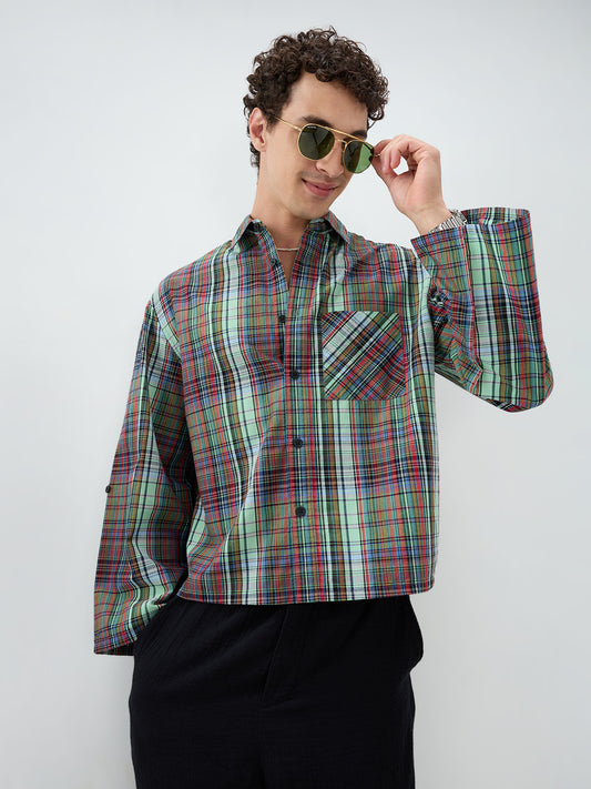 Evergreen Multi Stripe Fusion Checks Cuffless Oversized Crop Shirt
