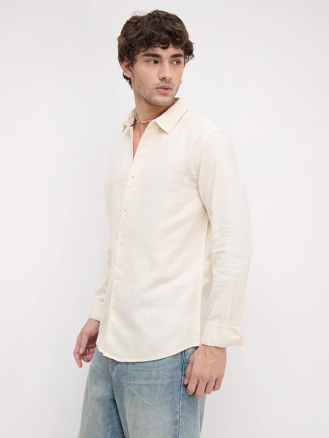 Pearl Cream Micro Grid Weave Textured Shirt