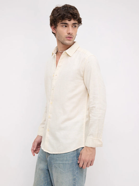 Pearl Cream Micro Grid Weave Textured Shirt