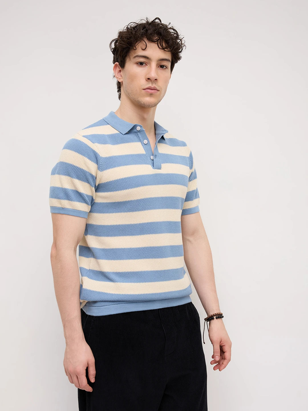 Blue & White Coastal Striped Flat Knit Polo T-Shirt