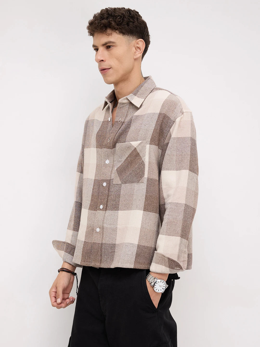 Beige & Brown Square Flannel Checks Boxy Fit Crop Shirt