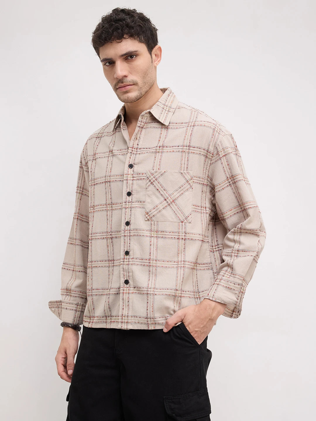 Sunbaked Canvas Weave Plaid Checks Boxy Fit Crop Shirt