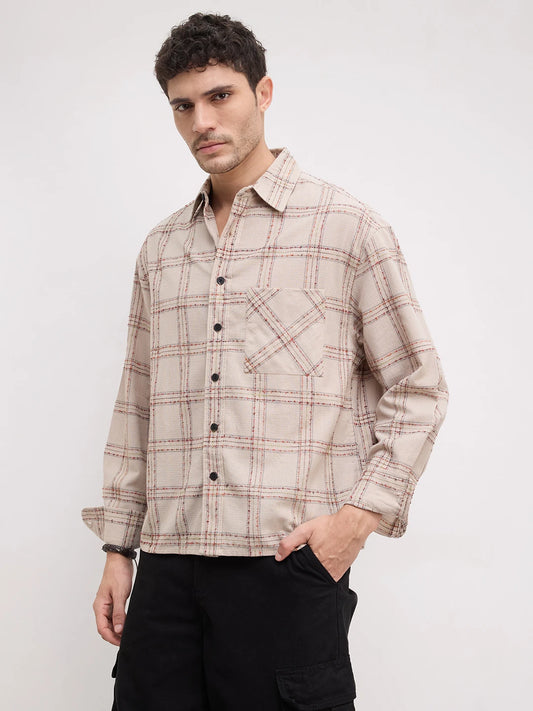 Sunbaked Canvas Weave Plaid Checks Boxy Fit Crop Shirt