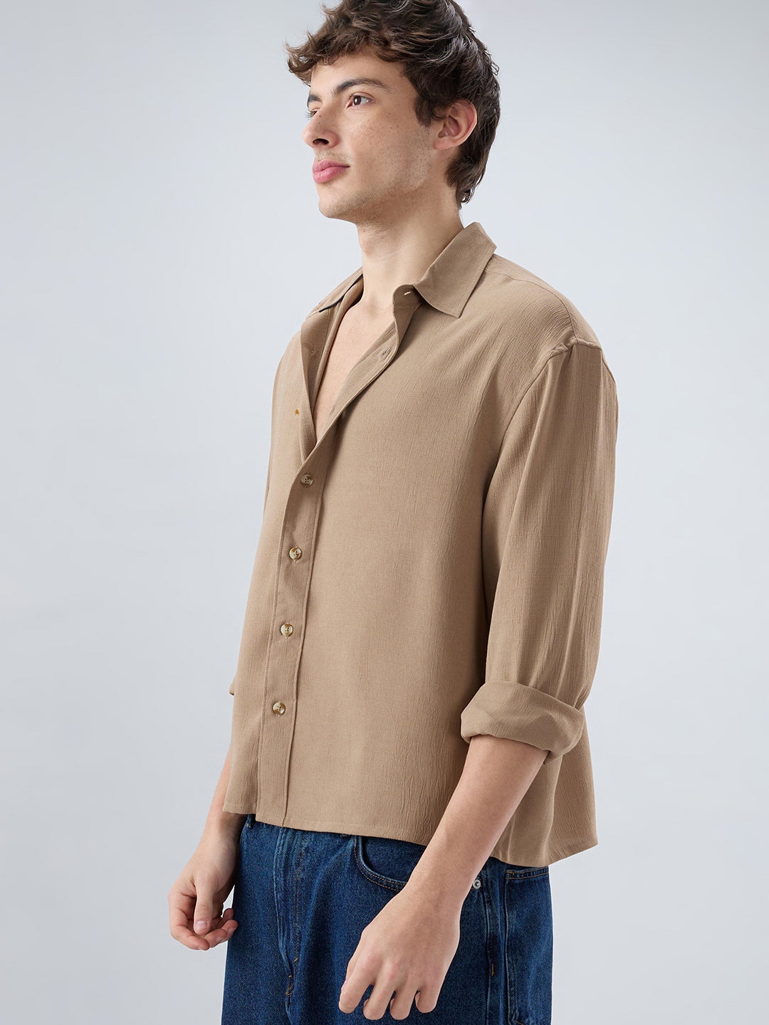 Khaki Olive Fine Grid Textured Boxy Fit Oversized Shirt