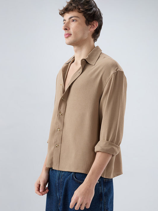 Khaki Olive Fine Grid Textured Boxy Fit Oversized Shirt