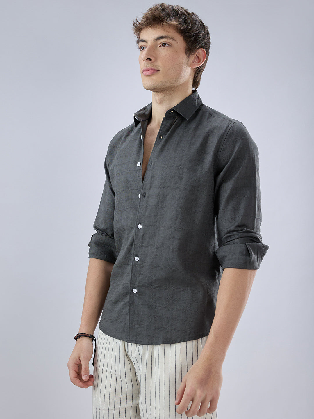 Charcoal Grey Micro Frid Textured Shirt