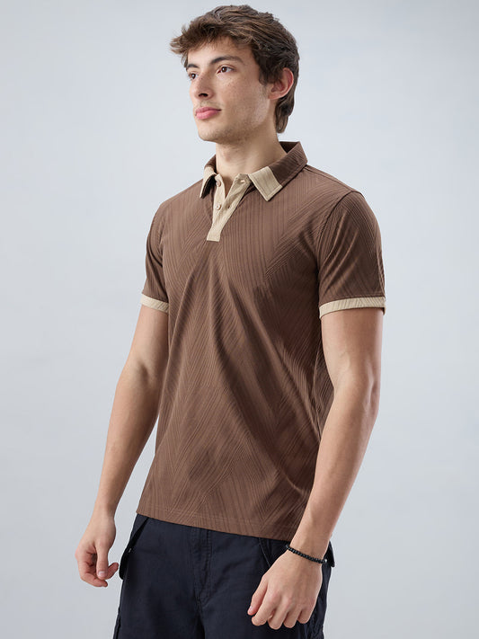 Coffee Brown Contrast Polo Neck Knit T-shirt