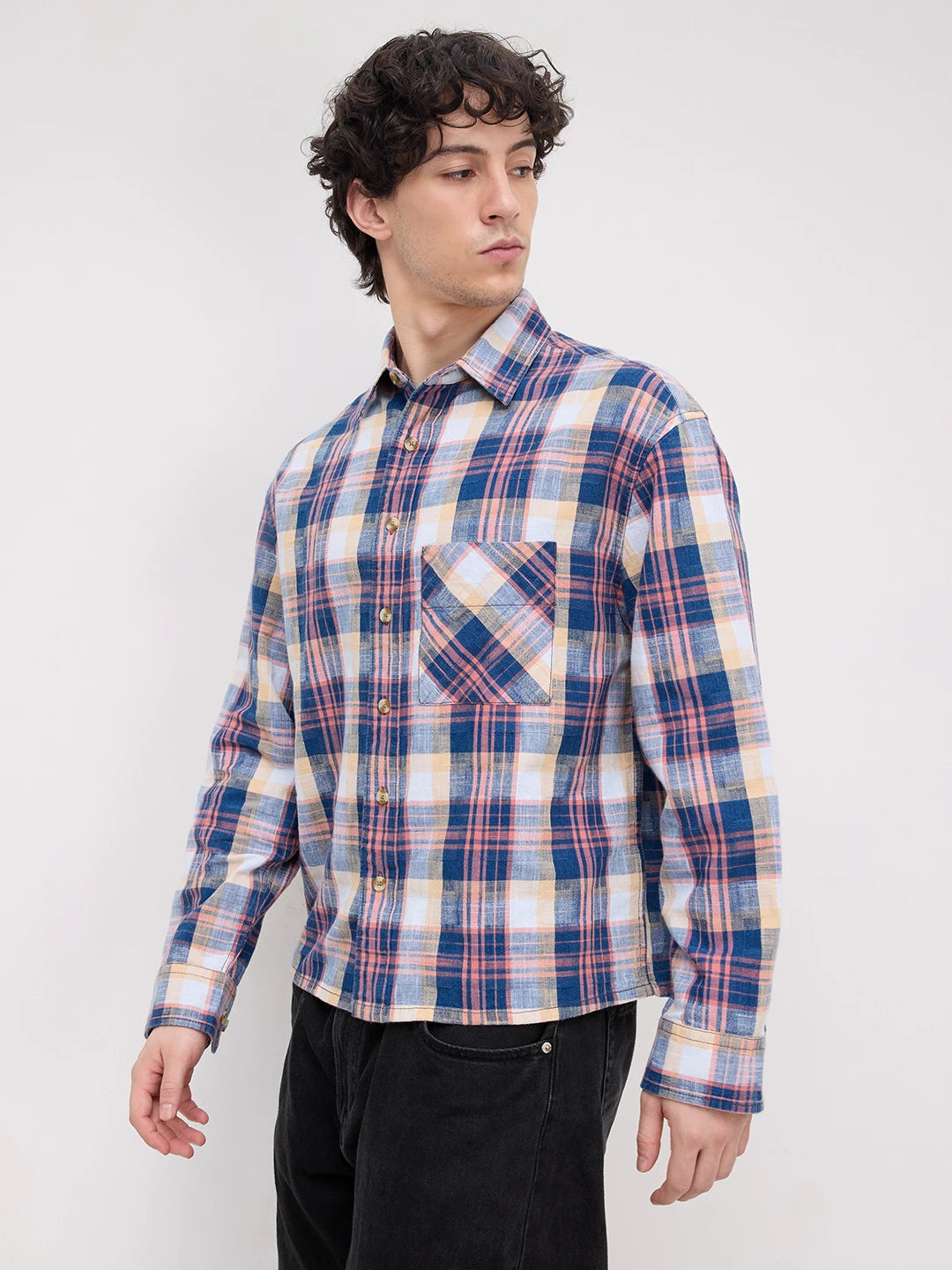 Luxe Denim Coral Pink Plaid Checks Boxy Fit Crop Shirt