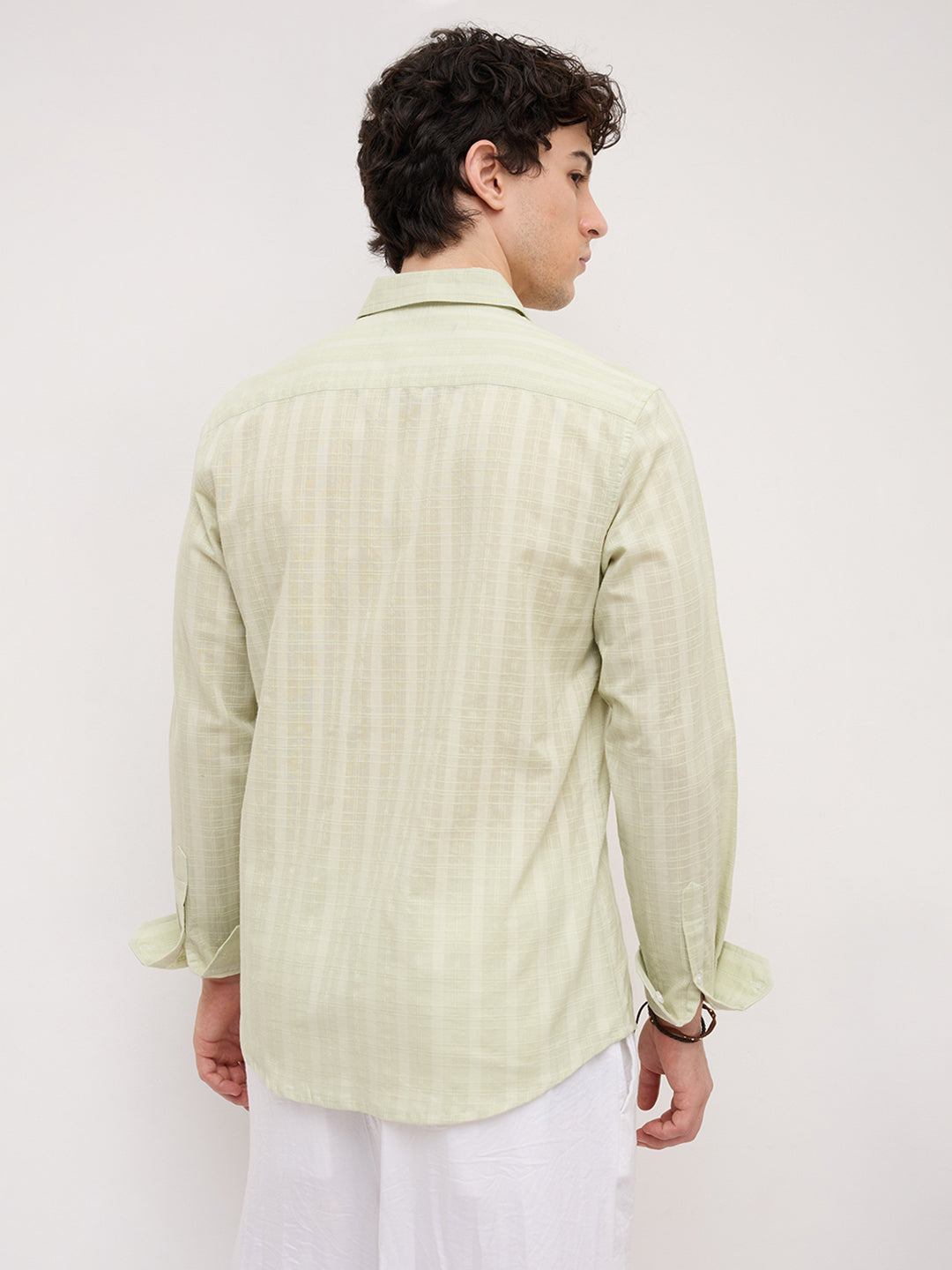 Pistachio Green Sheer Windowpane Checks Textured Weave Shirt