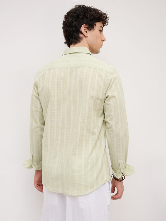 Pistachio Green Sheer Windowpane Checks Textured Weave Shirt