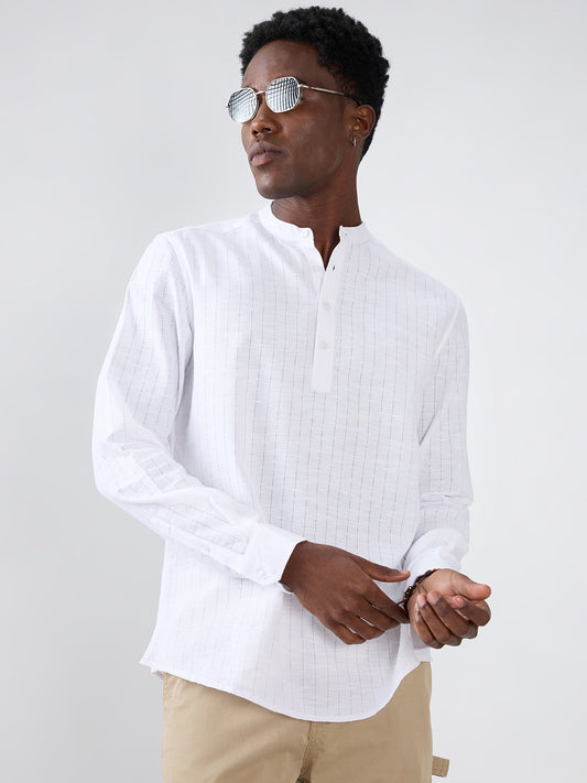 Pearl White Ladder Striped Subtle Textured Kurta