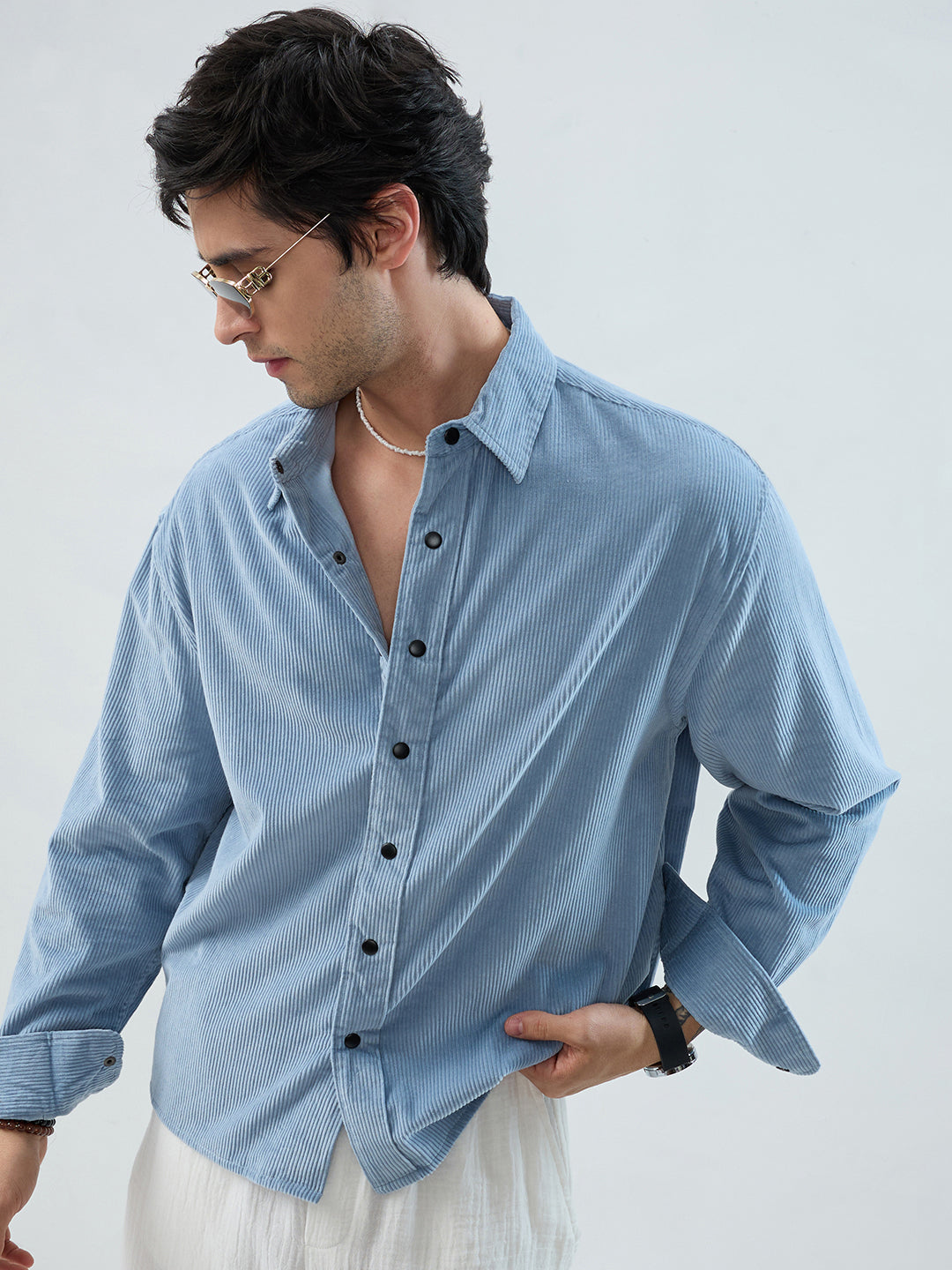 Soft Sky Frost Corduroy Boxy Fit Crop Shirt