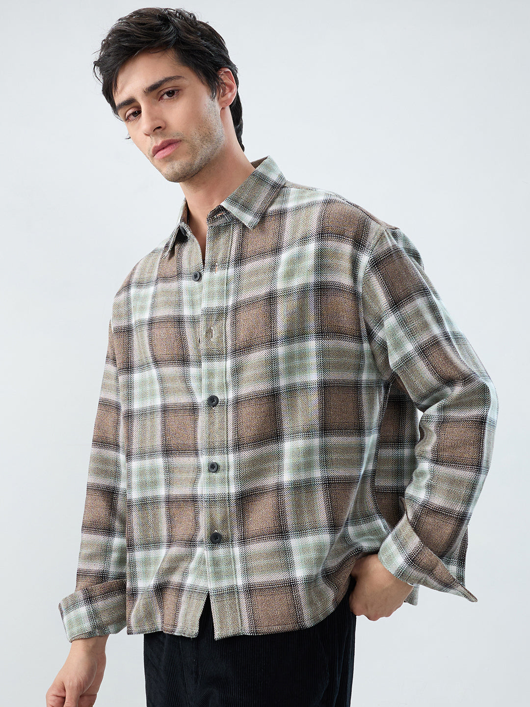 Brown & Olive Retro Contrast Checks Boxy Fit Crop Shirt