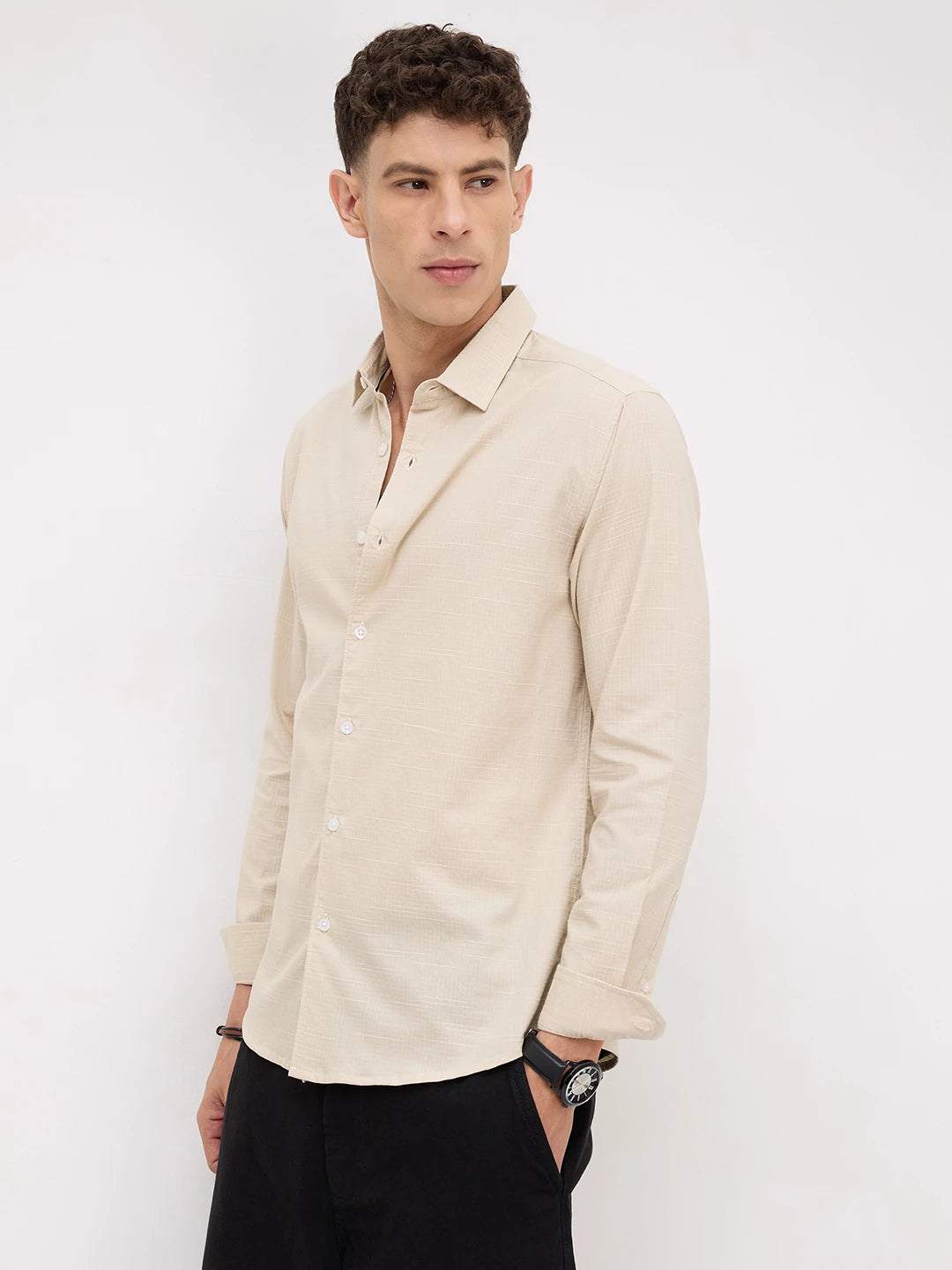 Bisque Beige Micro Square Textured Shirt