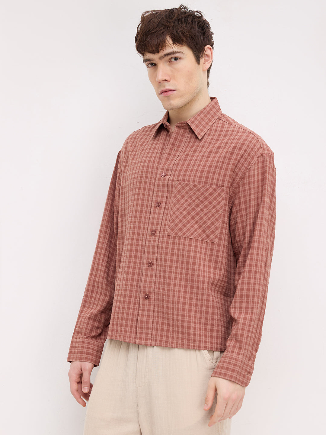 Rustic Brick Brown Atelier Checked Boxy Fit Crop Shirt