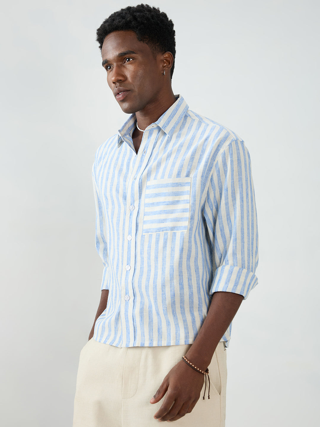 Blue & Off-White Striped Boxy Fit Crop Shirt