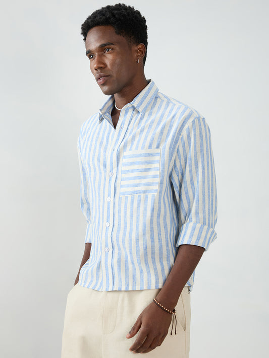 Blue & Off-White Striped Boxy Fit Crop Shirt