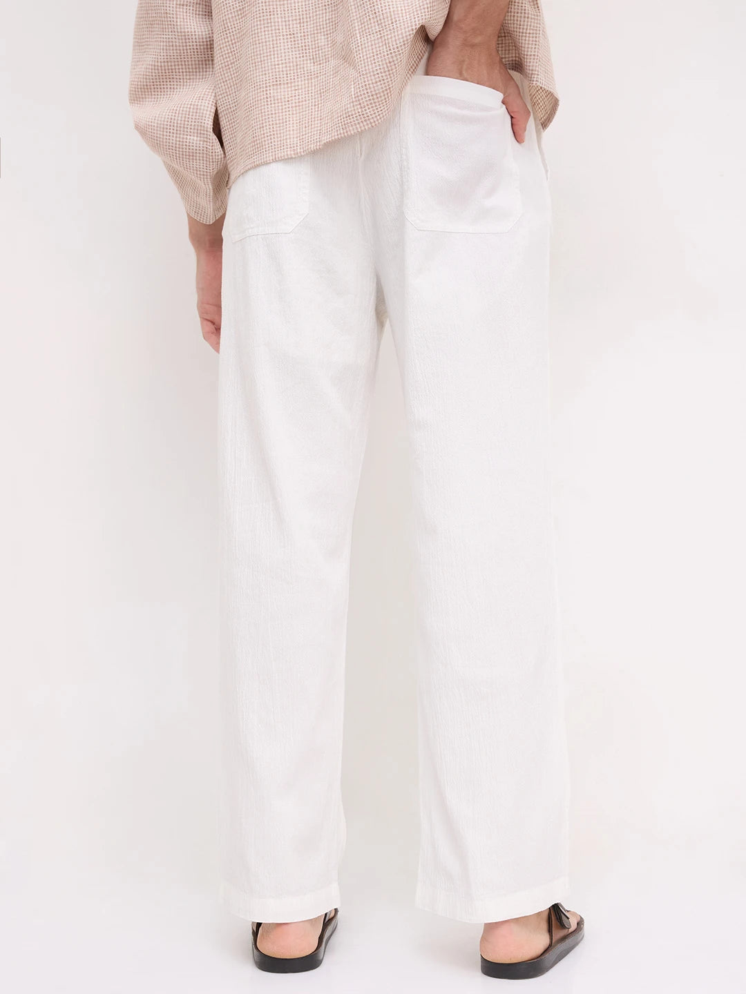 White Breezy Textured Straight Fit Trousers