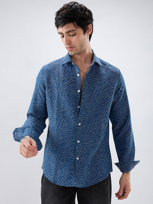 Ornate Navy Ornamental Raised Stitch Shirt