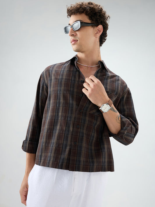 Rich Brown Multi Line Checks Boxy Fit Crop Shirt