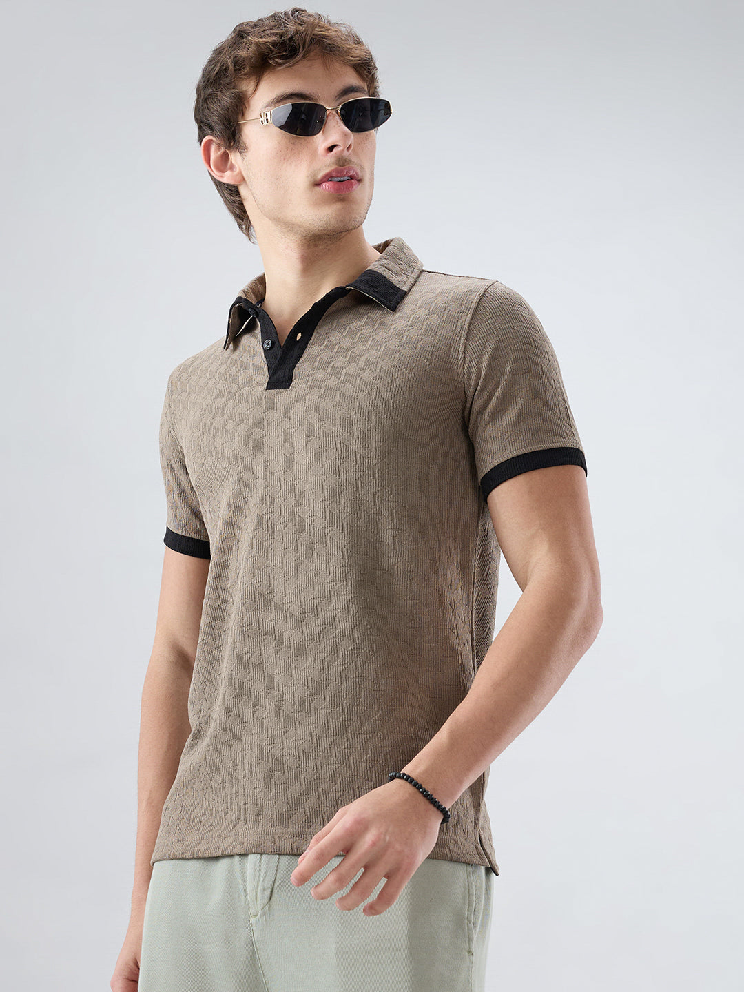 Taupe Textured Contrast Polo Neck Knit T-shirt