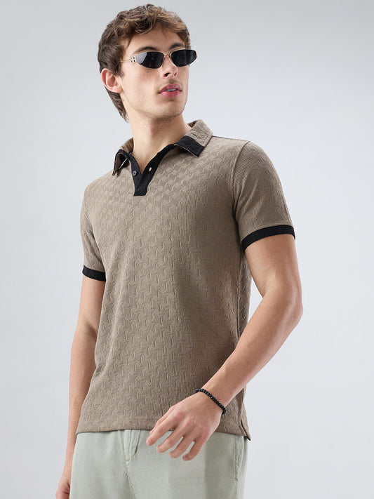 Taupe Textured Contrast Polo Neck Knit T-shirt