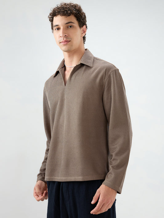 Brown Refined Textured Knitted Oversized Polo Shirt