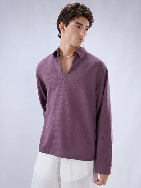 Dusty Purple Micro Weave Knitted Oversized Polo Shirt