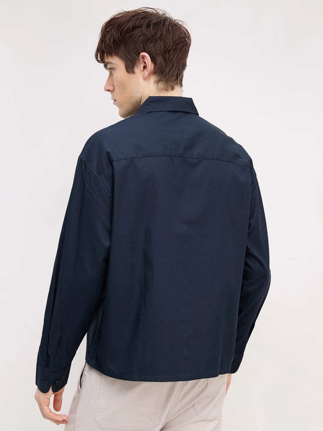Classic Navy Herringbone Textured Boxy Fit Crop Shirt
