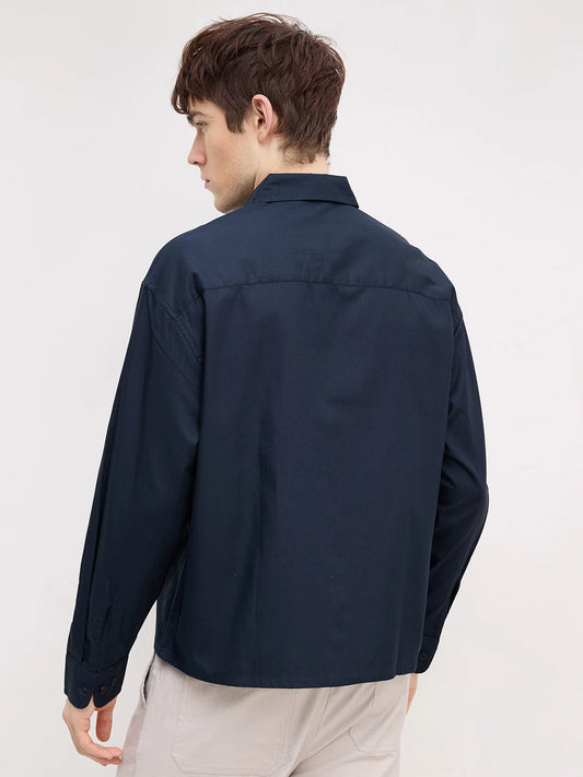Classic Navy Herringbone Textured Boxy Fit Crop Shirt