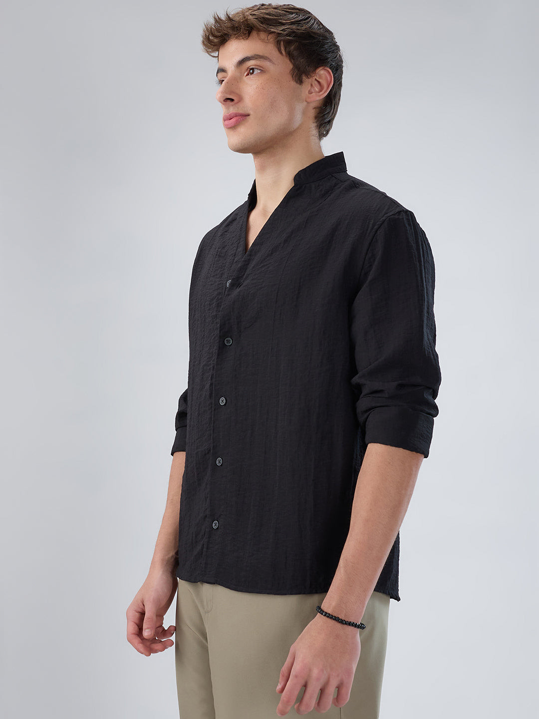 Ink Black Textured Stand Collar Oversized Shirt