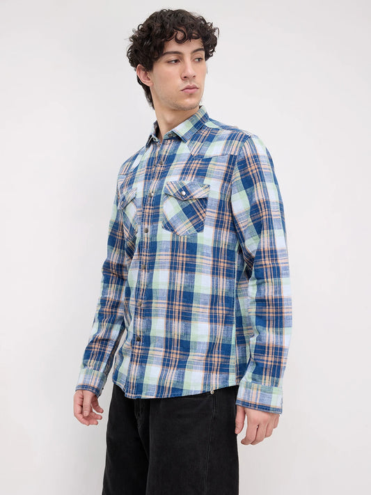 Luxe Denim Contrast Plaid Checks Twin Pocket Shirt