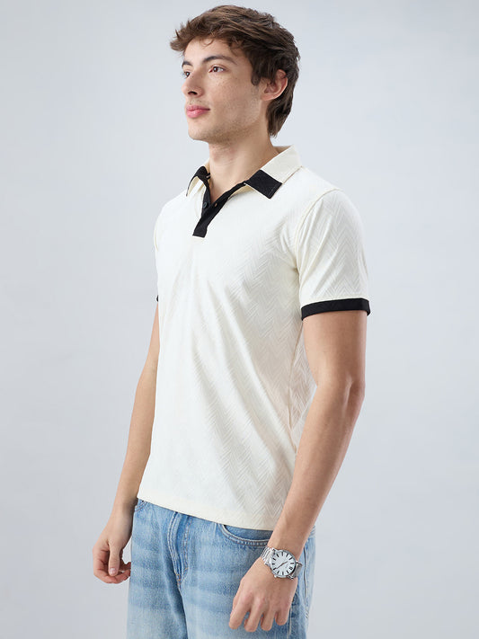 Chalk-White Chevron Contrast Polo Neck Knit T-shirt