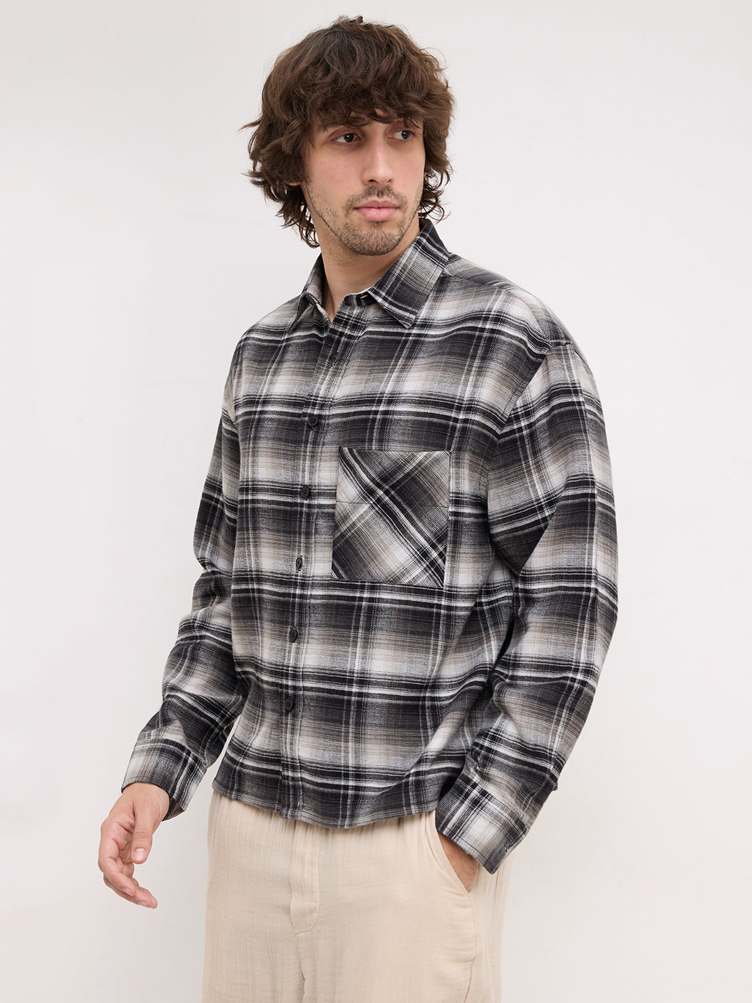 Rich Monochrome Winter Plaid Checks Flannel Boxy Fit Crop Shirt