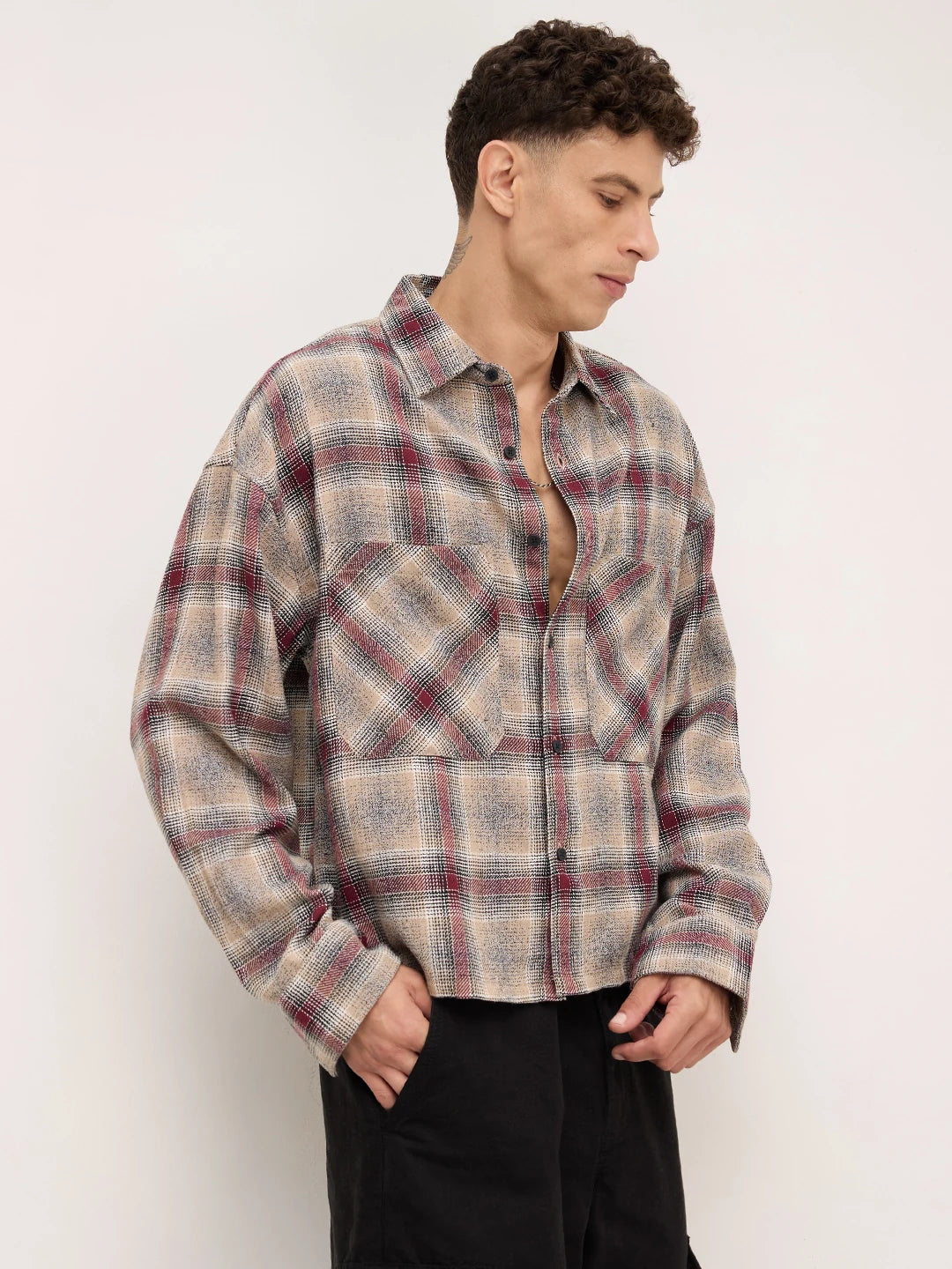 Maroon & Beige Twill Checks Boxy Fit Twin Pocket Crop Shirt