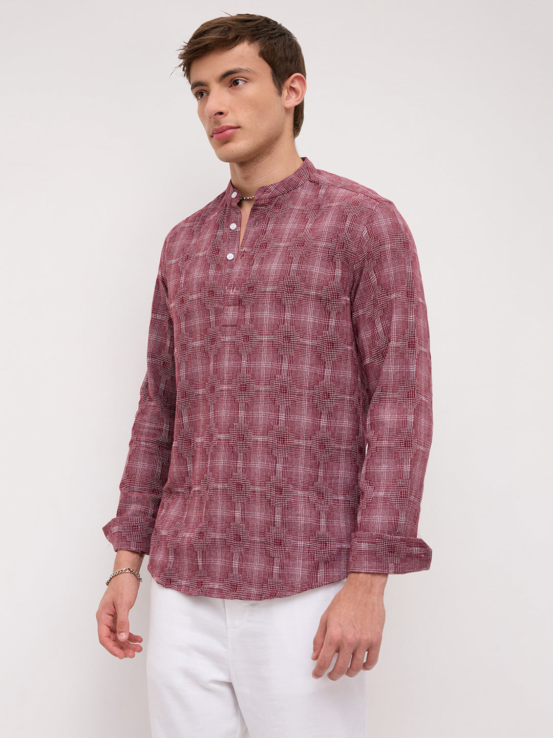 Maroon Glitch Micro Check Textured Matrix Everyday Kurta