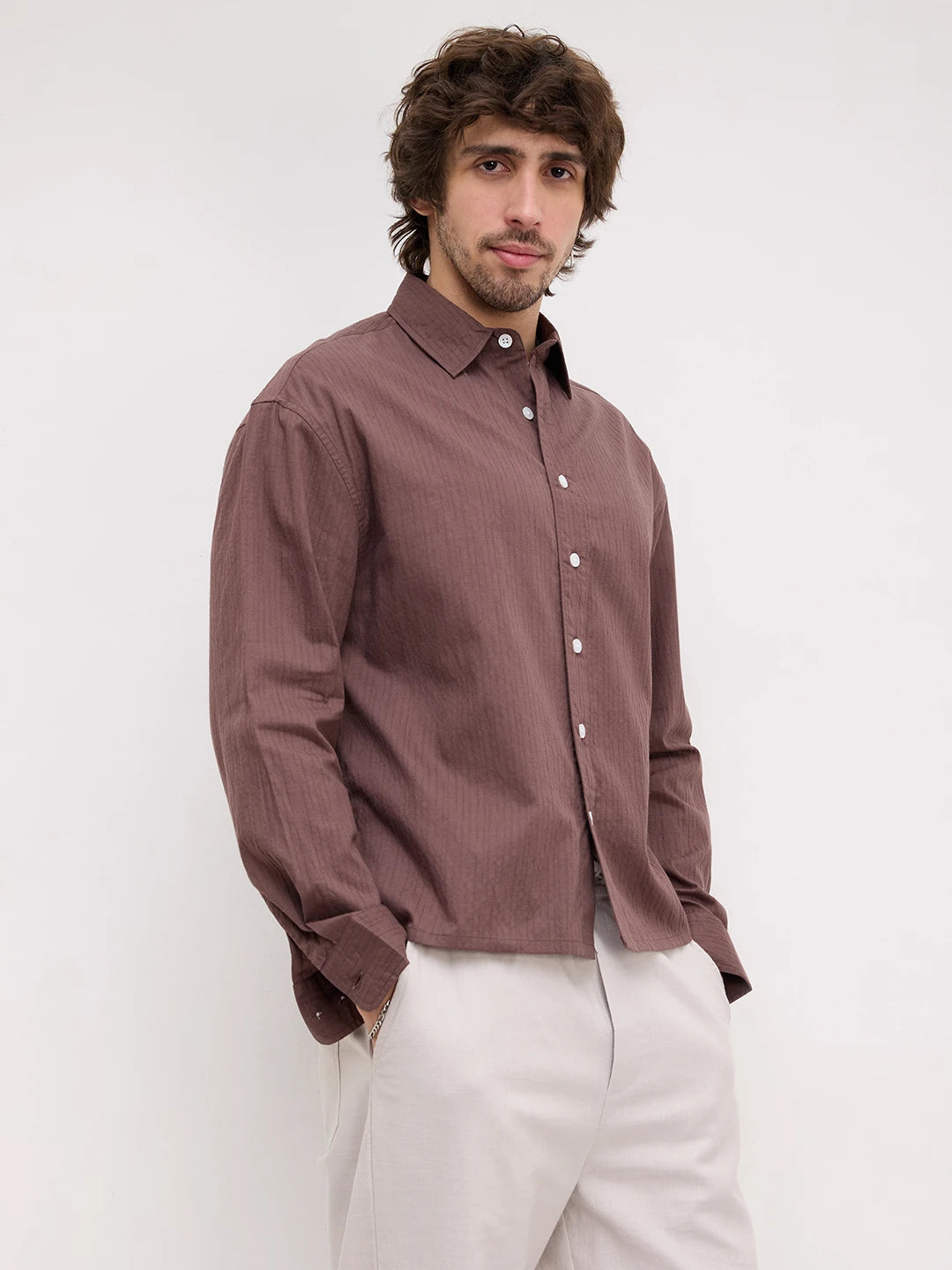 Deep Bark Brown Fine Textured Boxy Fit Crop Shirt