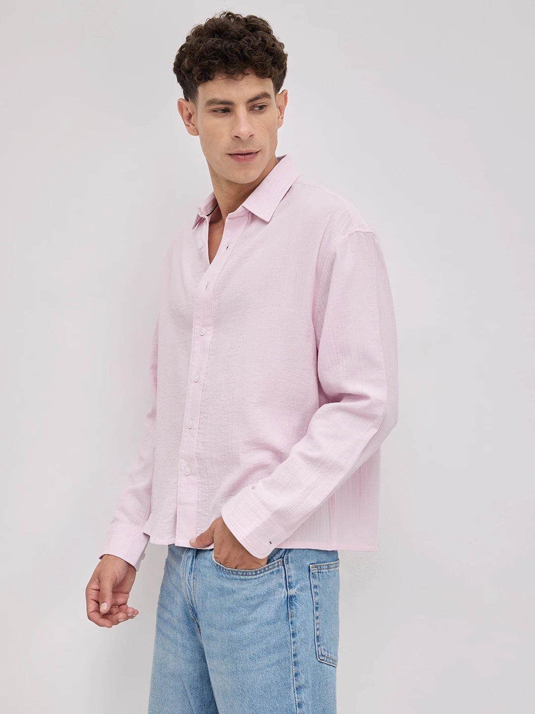 Soft Baby Pink Double Cloth Seersucker Striped Boxy Fit Crop Shirt